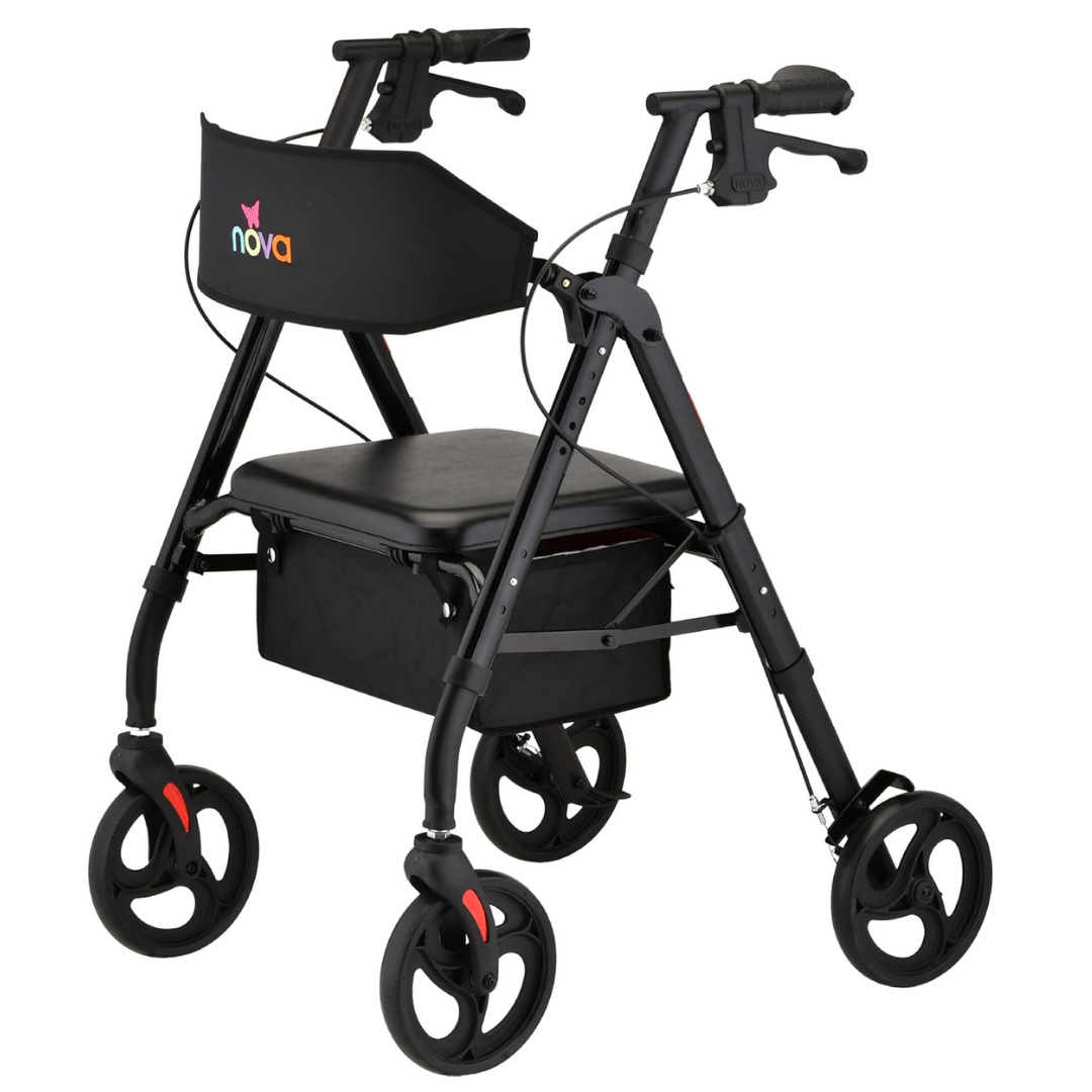 The Nova Medical Star 8 Lightweight Rollator with XL Backrest features 8 all-terrain wheels, a padded seat, spacious underseat storage, hand brakes, and displays the word nova with a colorful butterfly logo on the side.