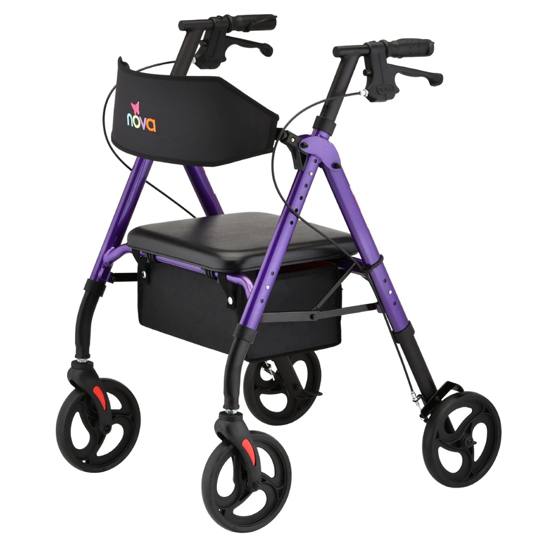 A Nova Medical Star 8 Lightweight Rollator with XL backrest, 8” all-terrain wheels, hand brakes, padded seat, storage compartment underneath, and “nova” logo on the backrest in purple and black.