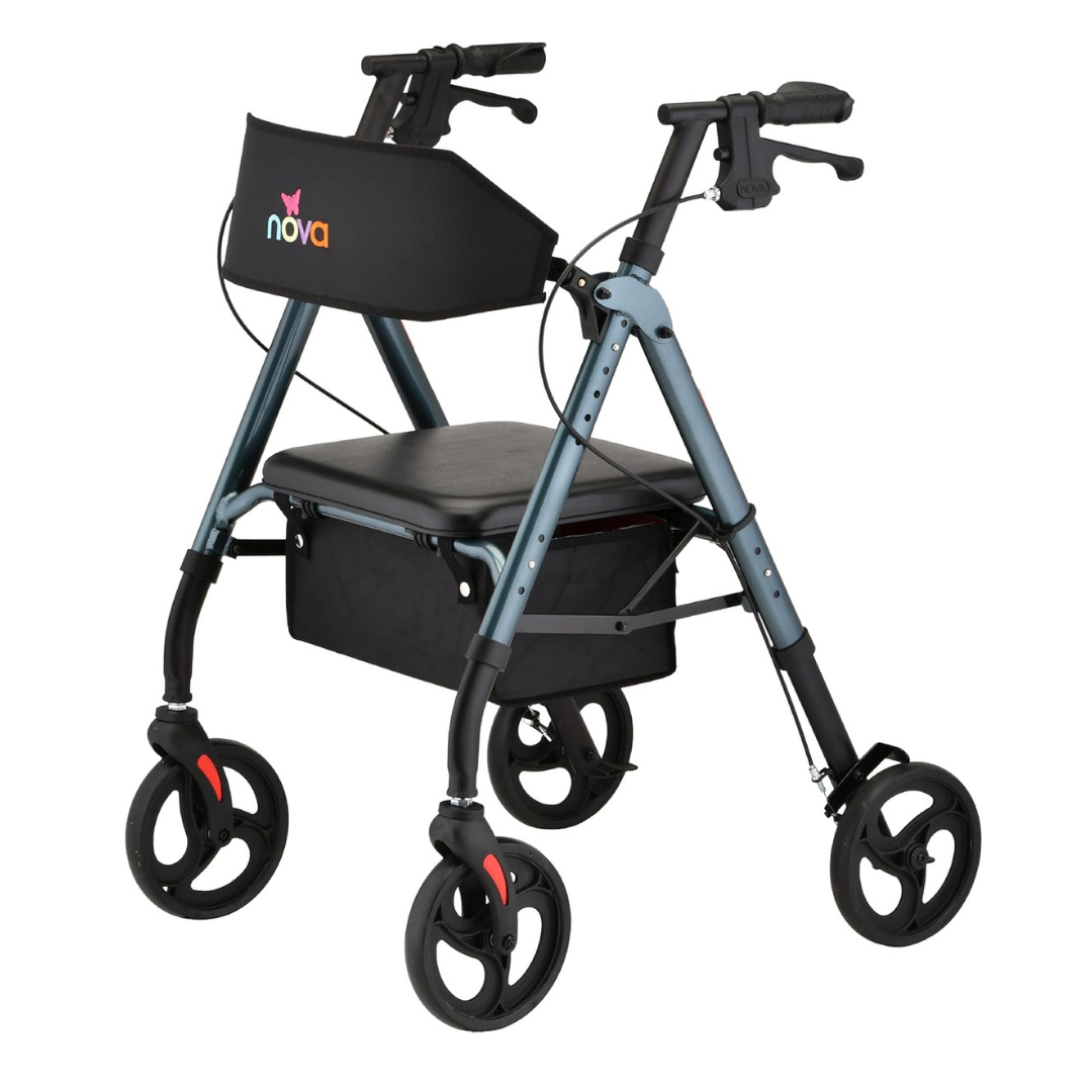 The Nova Medical Star 8 Lightweight Rollator with XL Backrest features 8 all-terrain wheels, hand brakes, a padded seat with backrest, storage pouch beneath, and the Quick-Fit adjustable system for comfort.