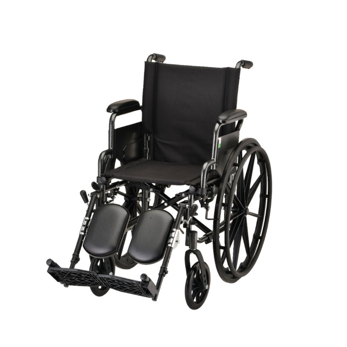 The Nova Medical Lightweight Portable Wheelchair with Flip-Back Arms is a black manual wheelchair featuring cushioned armrests, adjustable footrests, and a foldable design. Its large rear wheels provide enhanced mobility while maintaining its lightweight nature for easy transport.