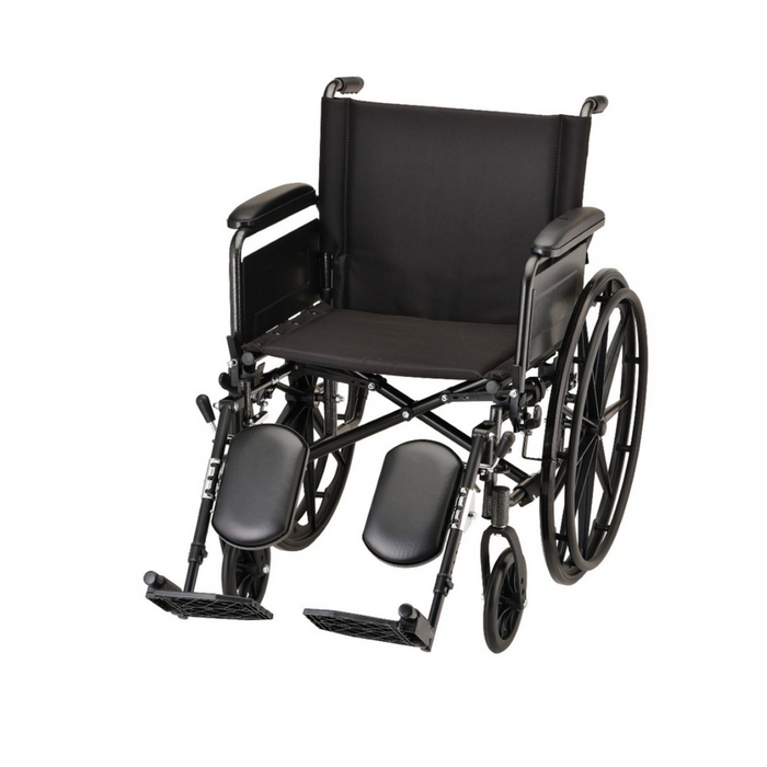 The Nova Medical Lightweight Portable Wheelchair has a foldable design, black cushioned seat and backrest, large rear wheels with hand rims, smaller front wheels, adjustable footrests, and padded flip-back armrests for comfort.