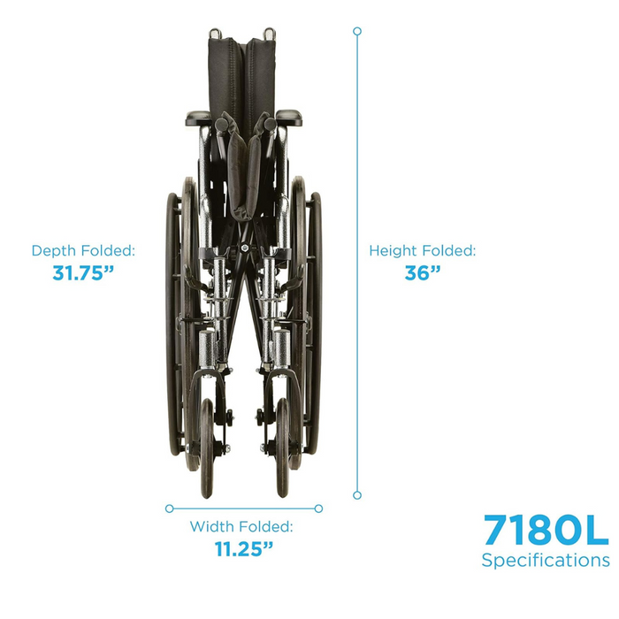 From the front, the compact design of the Nova Medical Lightweight Portable Wheelchair with Flip-Back Arms is evident: depth 31.75, height 36, width 11.25. The 7180L Specifications label in blue on white highlights its adjustable footrests for customizable comfort.