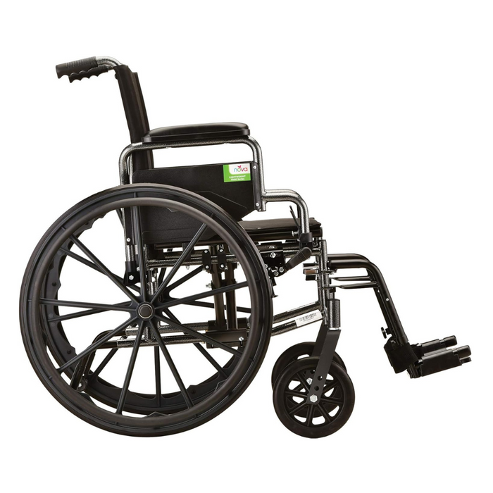 The Nova Medical Lightweight Portable Wheelchair features flip-back arms, adjustable footrests, large rear wheels, smaller front wheels, and a cushioned seat and backrest. It has a foldable design for easy transport, sturdy frame with push handle, and a logo on the backrest.