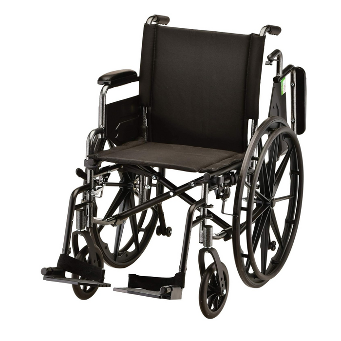 The Nova Medical Lightweight Portable Wheelchair features a black design with adjustable footrests, foldable armrests, and large rear wheels. It has a durable metal frame, rubber handle grips, and can be angled empty for convenient storage.