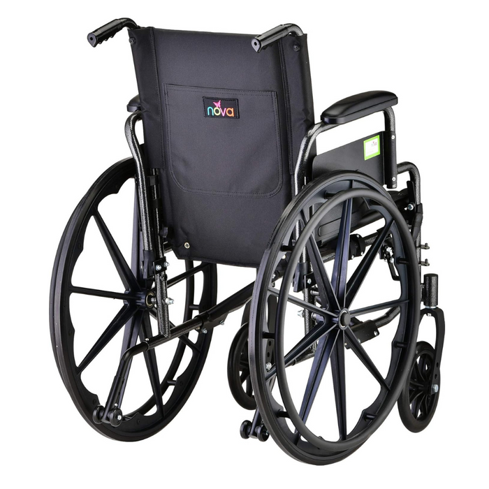 The Nova Medical Lightweight Portable Wheelchair has a sleek black design with large rear wheels, small front wheels, and a fabric backrest featuring the Nova logo. It includes adjustable footrests, flip-back armrests, a seat pocket, and is angled to highlight its foldable design.