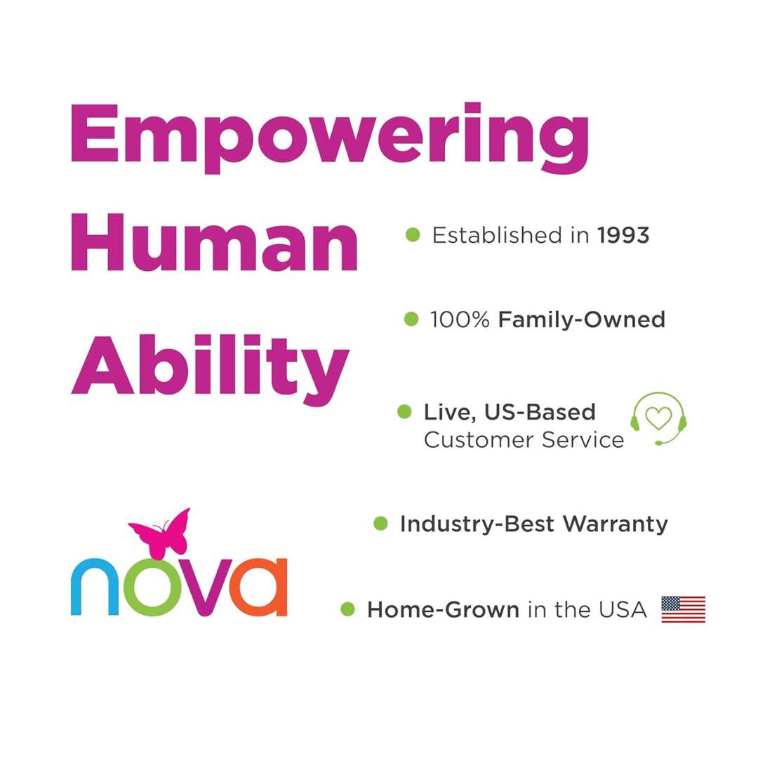 Text reads: “Empowering Human Ability.” The Nova Star 8 Petite Foldable Rollator with Wide Backrest features a signature butterfly logo. Established in 1993, 100% family-owned, USA-made, live US-based service, and industry-best warranty.