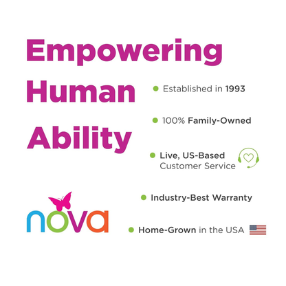 Text reads: “Empowering Human Ability.” The Nova Star 8 Petite Foldable Rollator with Wide Backrest features a signature butterfly logo. Established in 1993, 100% family-owned, USA-made, live US-based service, and industry-best warranty.