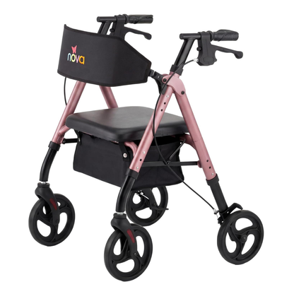 The Nova Star 8 Petite Foldable Rollator with Wide Backrest is pink and black, has hand brakes, a padded seat, a storage pouch under the seat, and "nova" printed on the front backrest.