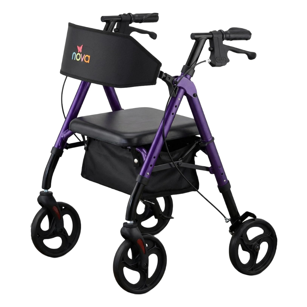 A purple Nova Star 8 Petite Foldable Rollator with a wide backrest, four wheels, black cushioned seat, nova-labeled backrest, hand brakes, under-seat storage pouch, and foldable design for easy transport.