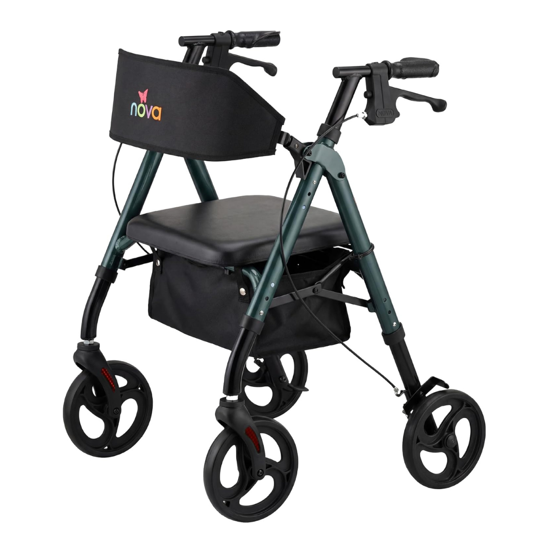 The Nova Star 8 Petite Foldable Rollator with Wide Backrest features a metallic green frame, padded seat, black storage pouch, hand brakes, and "nova" labeled on the backrest.