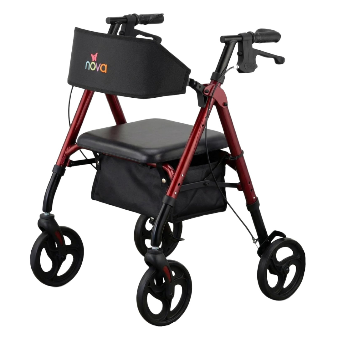 The Nova Star 8 Petite Foldable Rollator with Wide Backrest features a red frame, black padded seat, storage pouch, hand brakes, and a "nova"-labeled backrest—all in a foldable design for comfort and convenience on the go.