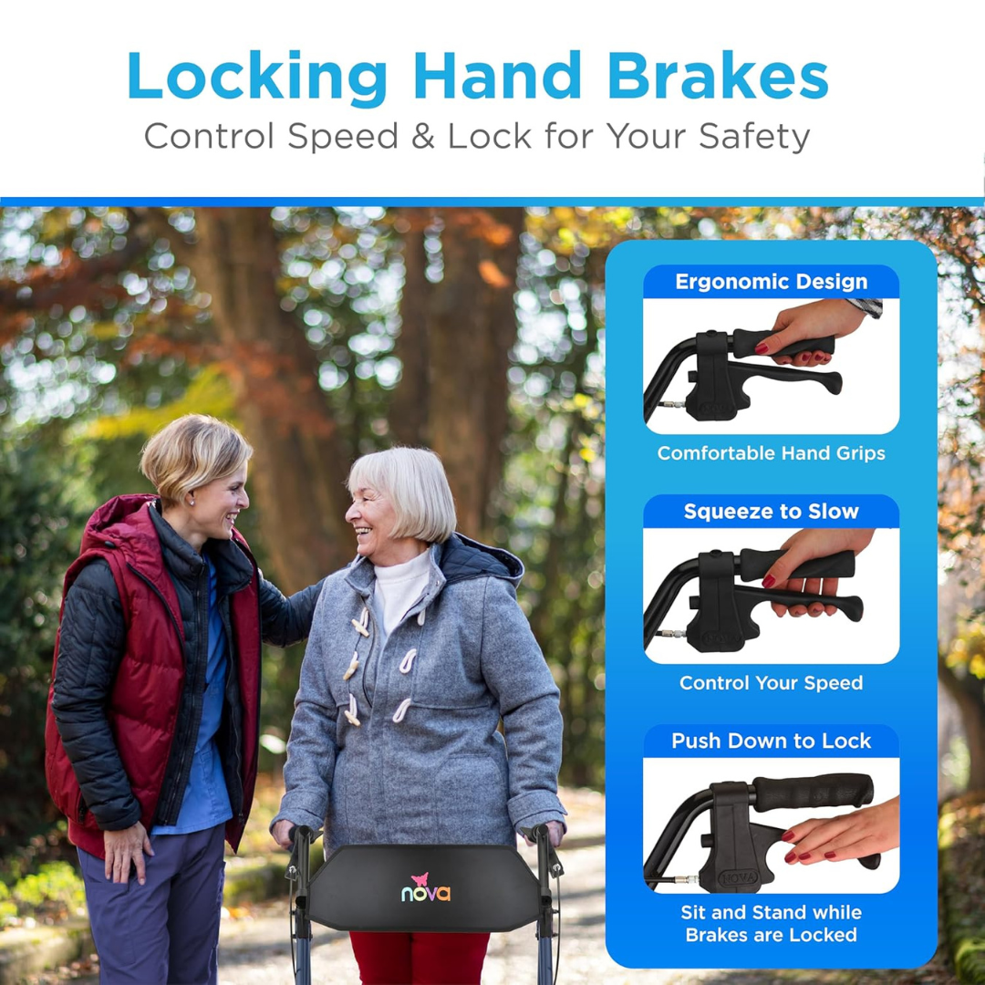 Two smiling older women stand outdoors, one using the NOVA Star 8 Petite Foldable Rollator with Wide Backrest. An overlay highlights ergonomic hand grips, squeeze-to-slow brakes, and push-down locking for safety. Autumn trees are in the background.