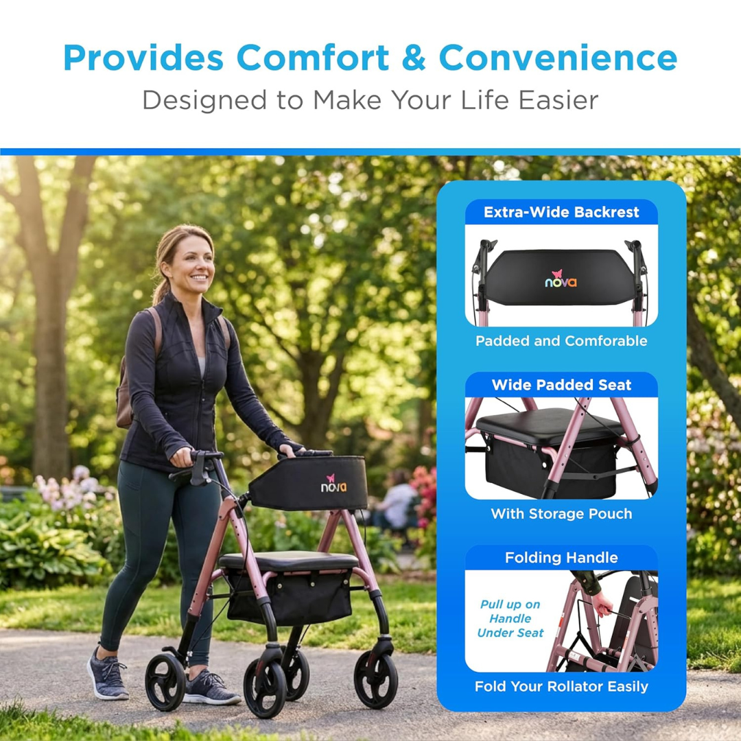 A smiling woman pushes a pink Nova Star 8 Petite Foldable Rollator with wide backrest, padded seat, and storage pouch. Inset images highlight the foldable rollator's wide backrest, padded seat, and folding handle for convenience and comfort.