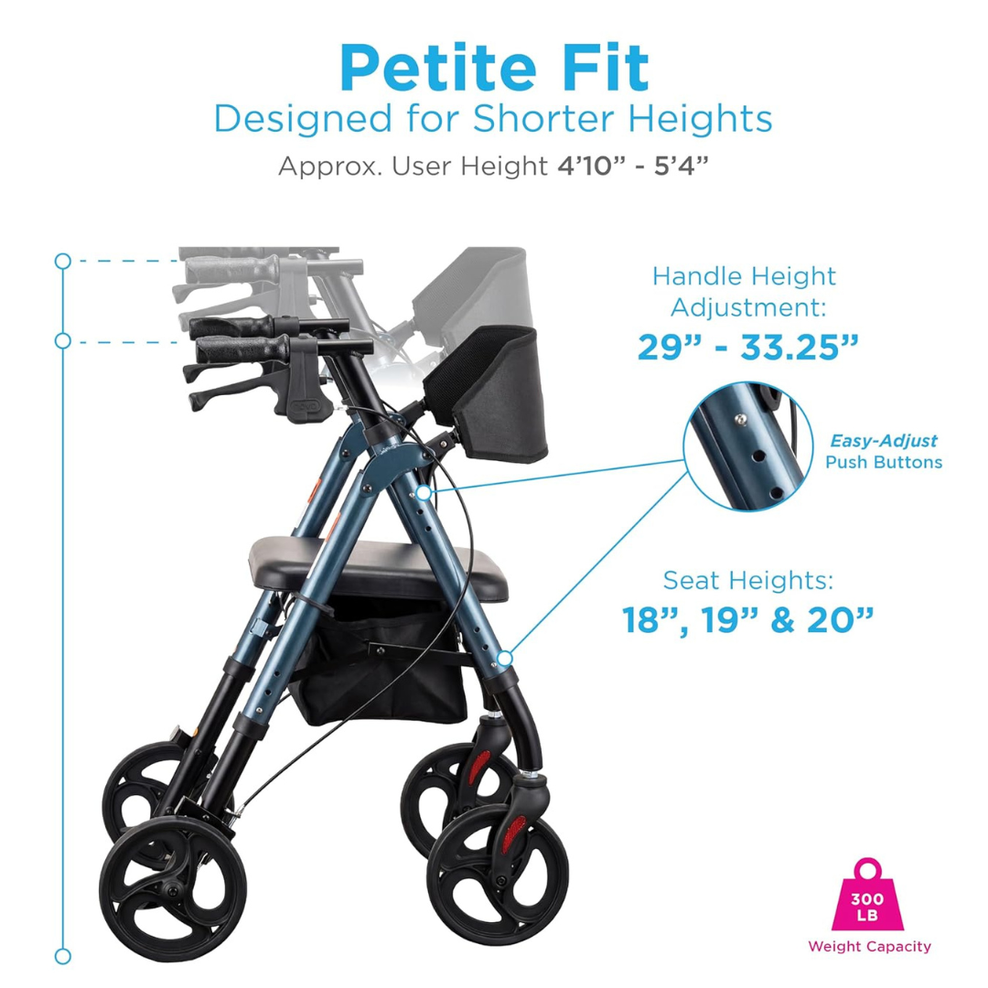 The Nova Star 8 Petite Foldable Rollator with Wide Backrest is blue, fits users 4’10”–5’4”, has adjustable handle height (29”–33.25”), seat heights of 18”, 19”, or 20”, supports up to 300 lbs, and includes a storage bag and easy-adjust push buttons.