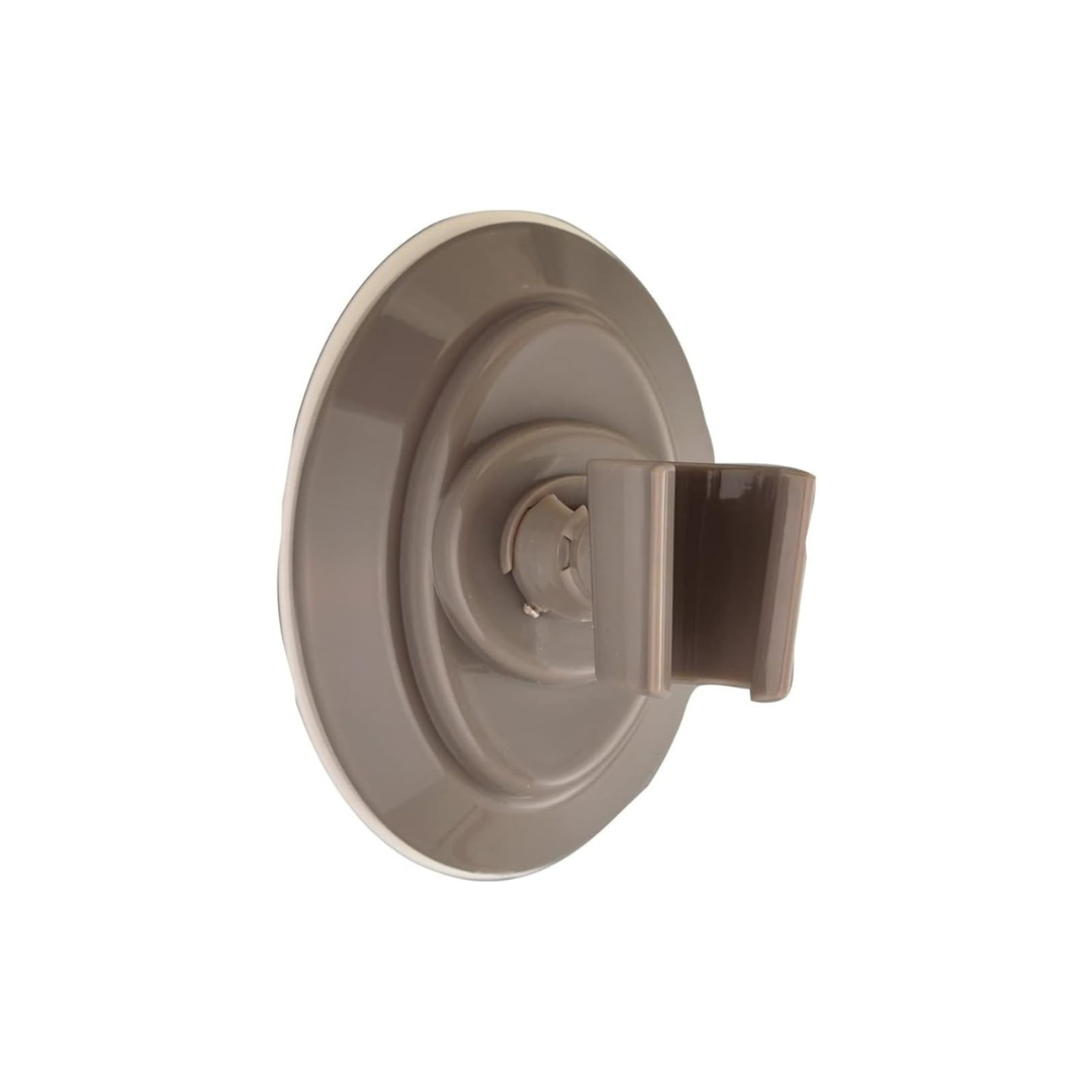 The Nova Suction Cup Showerhead Holder in brown features a removable suction cup for easy wall mounting and a clip to hold handheld showerheads or similar items. Shown on a plain white background.