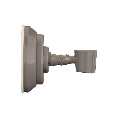 A side view of the gray Nova Suction Cup Showerhead Holder, made of plastic with a round base, angled adjustable arm, and removable suction cup, isolated on a white background.