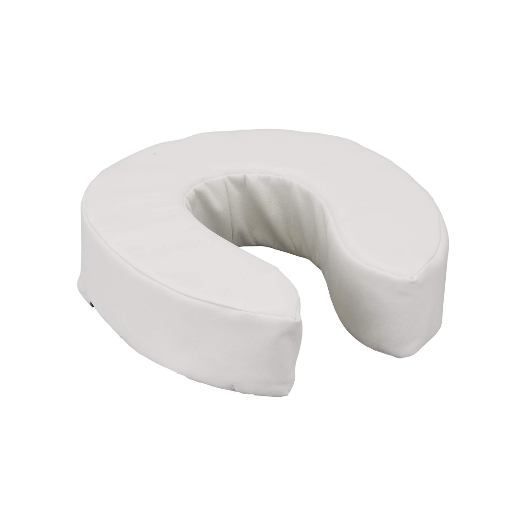 The Nova Medical Toilet Seat Cushion and Riser is a white, U-shaped foam cushion with a smooth surface and velcro straps for secure attachment, designed to elevate the toilet seat for added comfort and support.