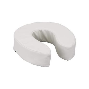 The Nova Medical Toilet Seat Cushion and Riser is a white, U-shaped foam cushion with a smooth surface and velcro straps for secure attachment, designed to elevate the toilet seat for added comfort and support.