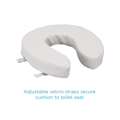 The Nova Medical Toilet Seat Cushion and Riser is a white, U-shaped foam cushion with adjustable Velcro straps for easy securing and added seat elevation. Text: “Adjustable Velcro straps secure cushion to toilet seat.”.