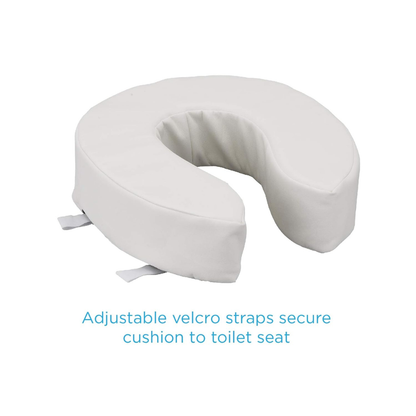 The Nova Medical Toilet Seat Cushion and Riser is a white, U-shaped foam cushion with adjustable velcro straps that secure it to your toilet seat for added comfort and gentle elevation.