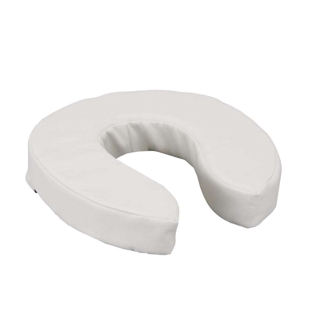 The Nova Medical Toilet Seat Cushion and Riser is a white, crescent-shaped foam cushion with an open center and Velcro straps for secure fit, providing support and comfort as a raised toilet seat or therapeutic headrest.