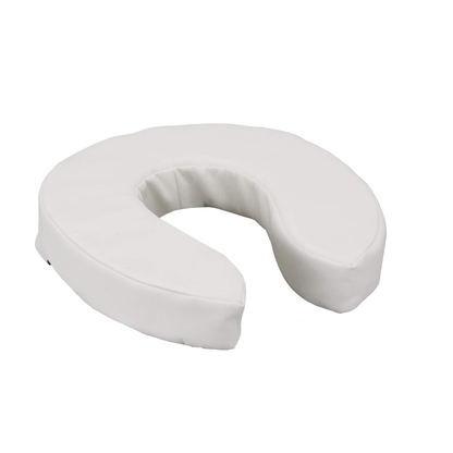 The Nova Medical Toilet Seat Cushion and Riser is a white, crescent-shaped foam cushion with an open center and Velcro straps for secure fit, providing support and comfort as a raised toilet seat or therapeutic headrest.