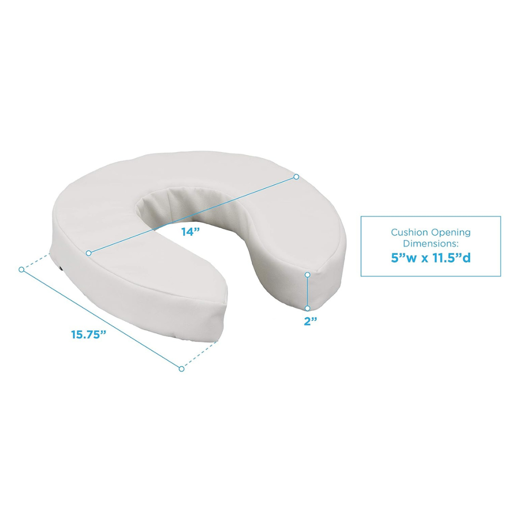 The Nova Medical Toilet Seat Cushion and Riser is a white, U-shaped foam cushion measuring 15.75" wide, 2" thick, with a 14" opening. The inner opening is 5" wide by 11.5" deep, providing gentle toilet seat elevation.