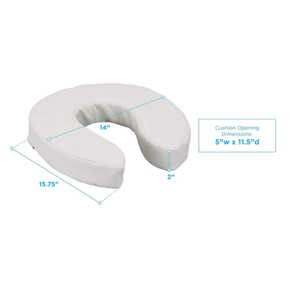 The Nova Medical Toilet Seat Cushion and Riser is a white, U-shaped foam cushion measuring 15.75" wide, 2" thick, with a 14" opening. The inner opening is 5" wide by 11.5" deep, providing gentle toilet seat elevation.