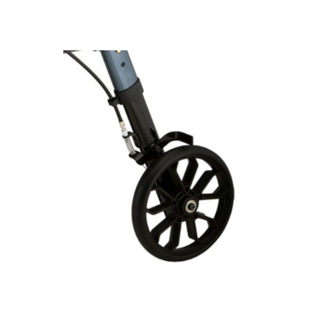 Close-up of a black multi-spoke wheel attached to a blue metal frame, part of the Nova Replacement Parts for Star Series Rollators.