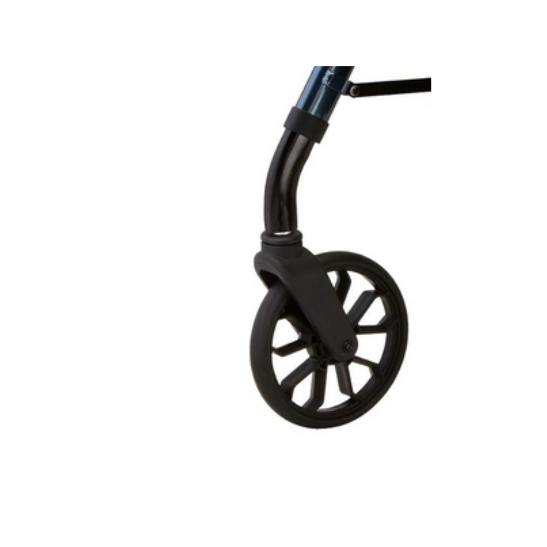Close-up of a single black Nova Replacement Parts For Star Series Rollators stroller wheel attached to a metal frame, isolated on white—perfect as an OEM component or quality replacement part for your rollator.
