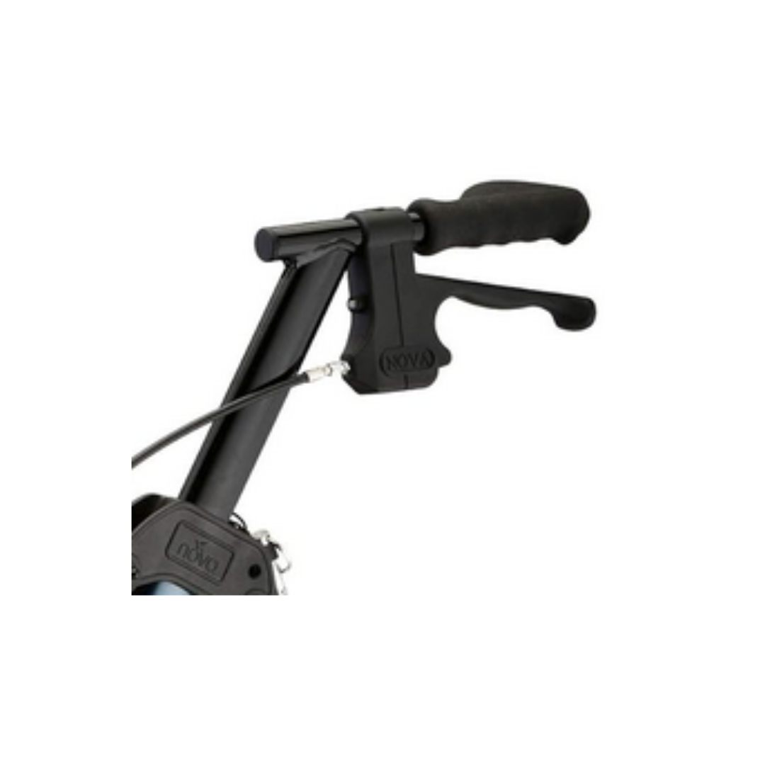 Close-up of a black, padded handlebar with a brake lever, part of the Nova Replacement Parts for Star Series Rollators, highlighting OEM components from NOVA.