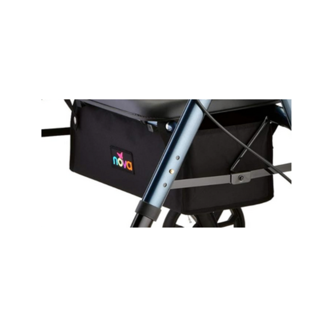 Close-up of a black storage basket attached to a mobility walker frame, featuring a colorful nova logo—ideal as a Nova Replacement Part for Star Series Rollators.