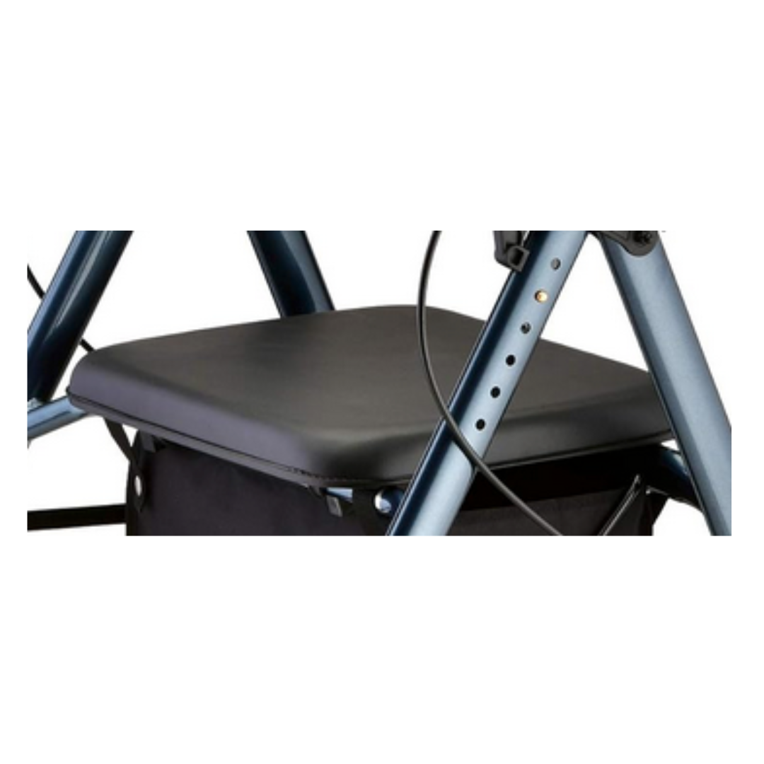 A close-up of a padded black seat on a metallic blue frame featuring OEM components, part of the Nova Replacement Parts for Star Series Rollators.