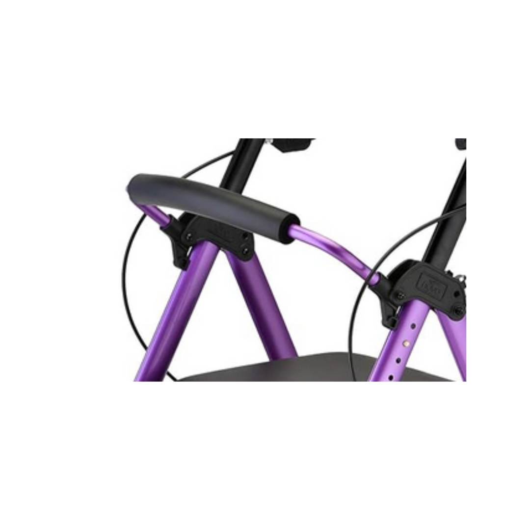 Close-up of the handle and frame of a purple walker, showing black grip handles, seat, and brake cables—helpful for identifying Nova Replacement Parts for Star Series Rollators.