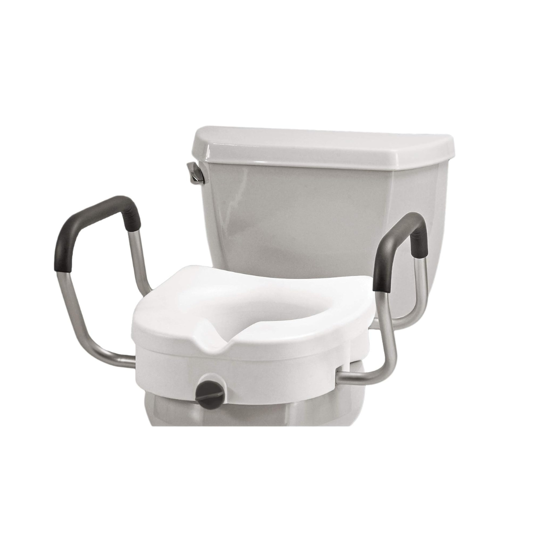 The Nova Medical 5" Raised Toilet Seat with Easy Lock features padded arms and a front locking system, attaching securely to standard toilets to assist people with limited mobility. The background is plain white.