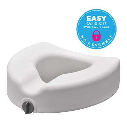 The Nova Medical 5" Raised Toilet Seat with Easy Lock features a secure front locking system for safe attachment, as shown beside a blue badge reading EASY On & Off With Secure Lock, NO ASSEMBLY, and a pink lock icon.