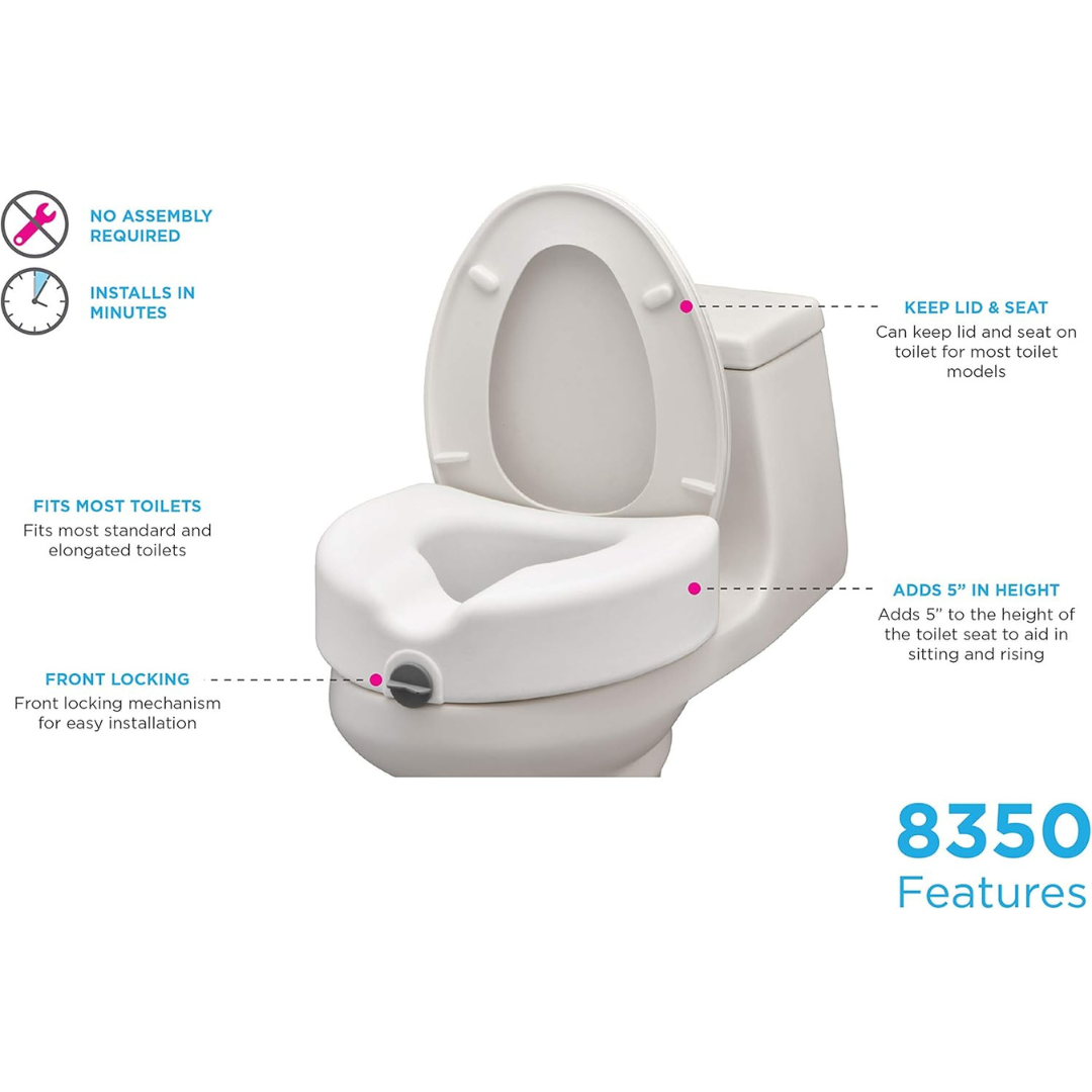 The Nova Medical 5" Raised Toilet Seat with Easy Lock, shown on a toilet, features a front locking system for simple installation. Padded arms provide added support, while the seat and lid securely boost height by 5 inches.