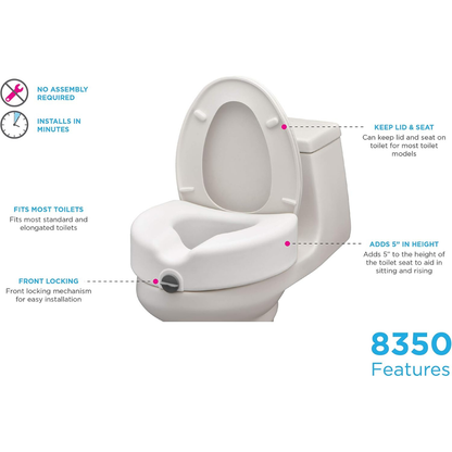 The Nova Medical 5" Raised Toilet Seat with Easy Lock, shown on a toilet, features a front locking system for simple installation. Padded arms provide added support, while the seat and lid securely boost height by 5 inches.