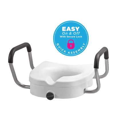 The Nova Medical 5" Raised Toilet Seat with Easy Lock features padded support arms, a secure front locking system for stability, and is designed for easy on and off use. A blue label above reads, “EASY On & Off With Secure Lock, Quick Assembly.”.