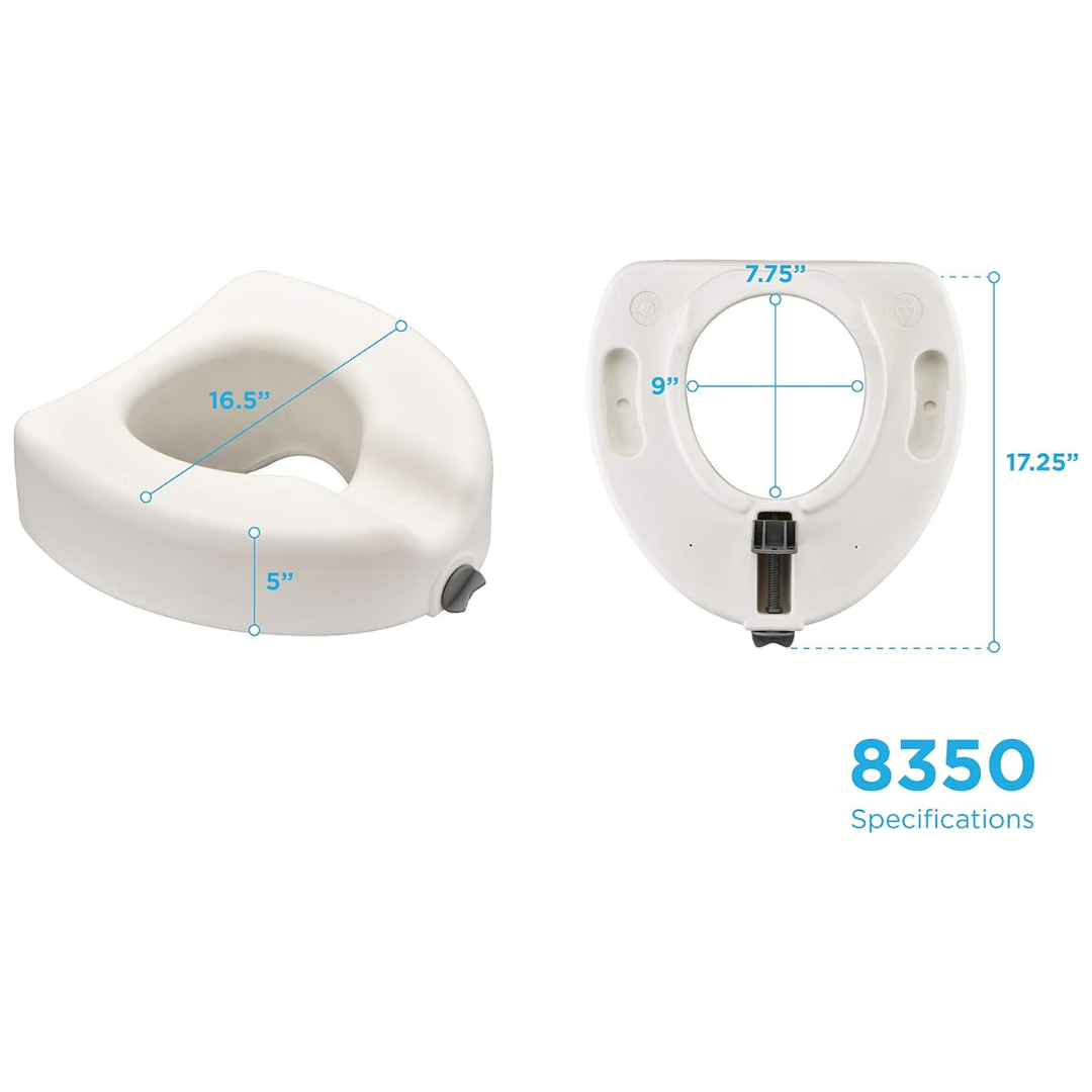 Two views of the Nova Medical 5" Raised Toilet Seat with Easy Lock in white, measuring 16.5"L x 17.25"W with a 9" x 7.75" opening and front locking system—labeled “8350 Specifications.”.