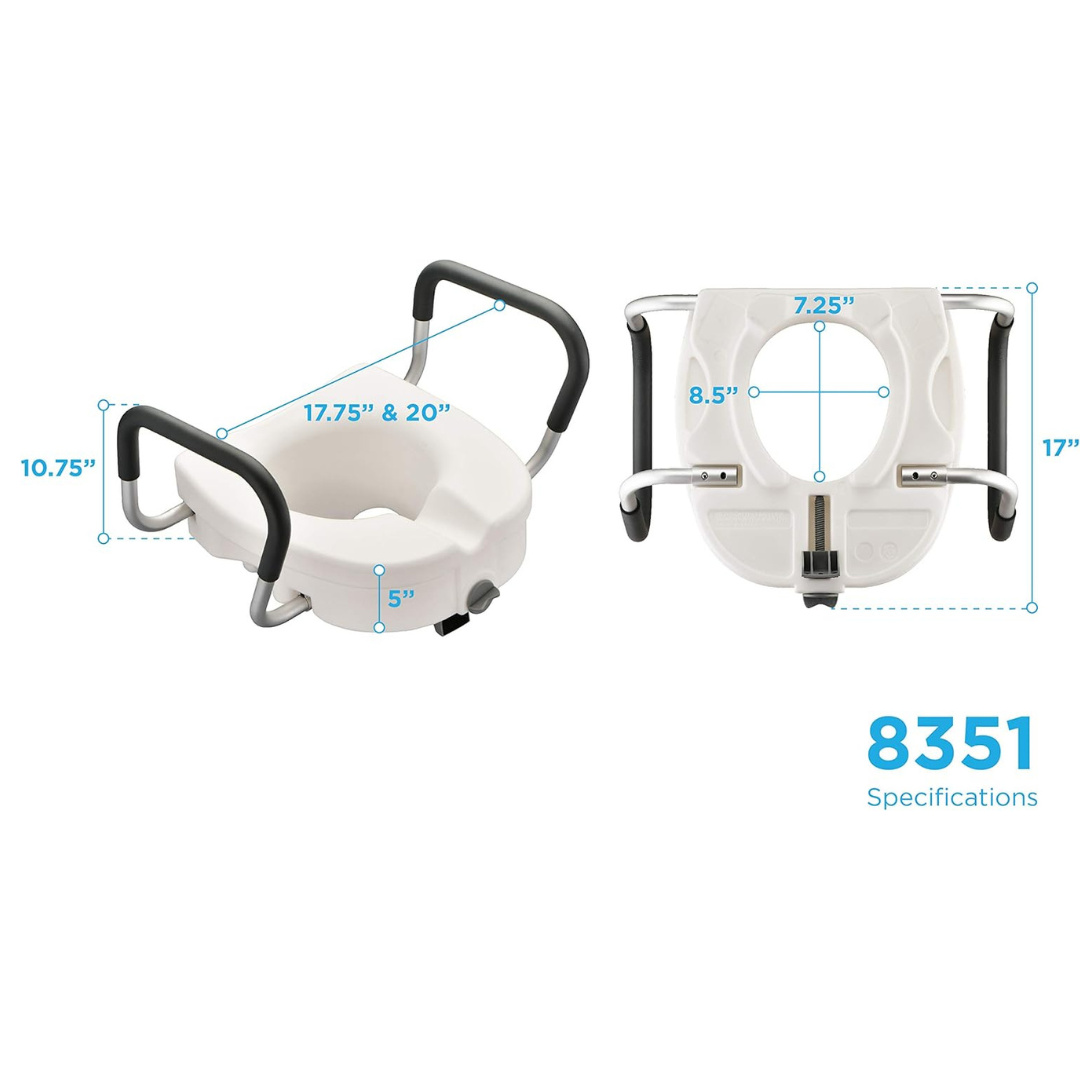 Nova Medical 5" Raised Toilet Seat with Easy Lock shown from side and top views; blue measurements indicate dimensions: 17.75, 20, 10.75, 17, 8.5, and 7.25. Text reads "8351 Specifications.