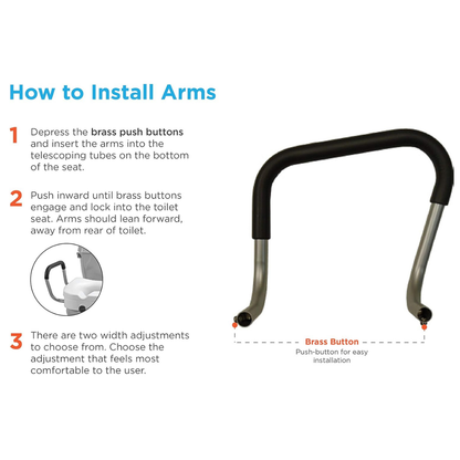 Instructional graphic titled How to Install Arms, showing step-by-step text and arrows indicating where to press the brass push buttons for installing padded arms on the Nova Medical 5" Raised Toilet Seat with Easy Lock.