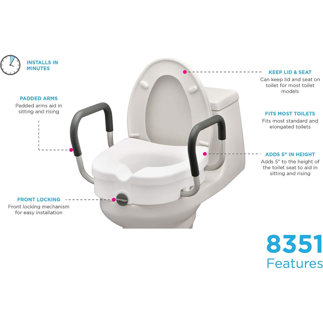 The Nova Medical 5" Raised Toilet Seat with Easy Lock features padded arms, a secure front lock for stability, easy installation, adds 5" height, fits most toilets, and supports safe sitting and rising.