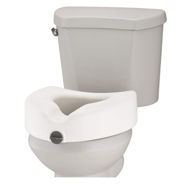 The Nova Medical 5" Raised Toilet Seat with Easy Lock is a gray toilet seat attachment with padded arms and a front locking system, providing stability and comfort—perfect for those with mobility challenges or disabilities.