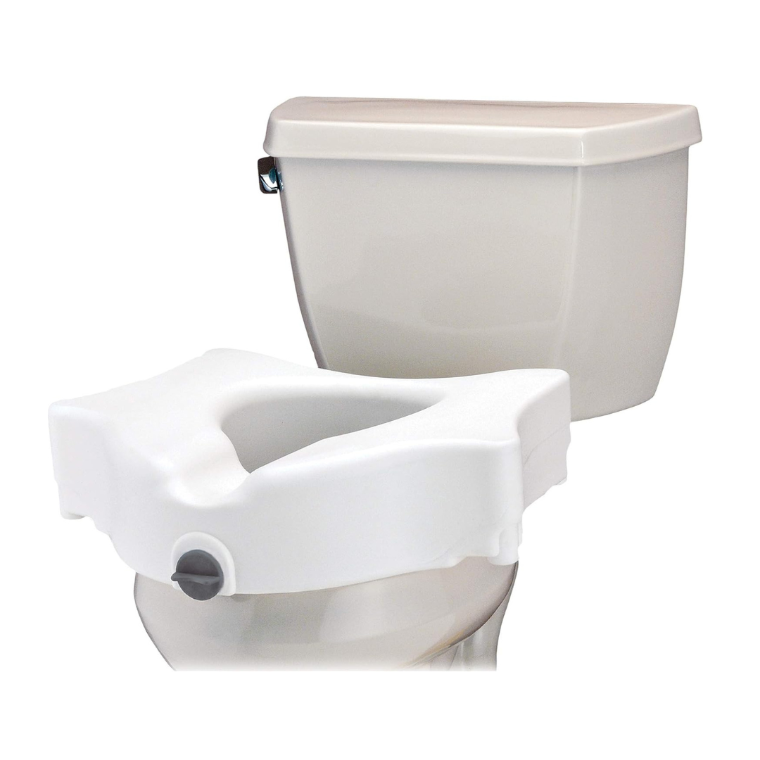 The Nova Medical 5" Raised Toilet Seat with Easy Locking offers added height and comfort, a contoured design, and a secure front lock for elongated toilets. Shown on a plain white background.