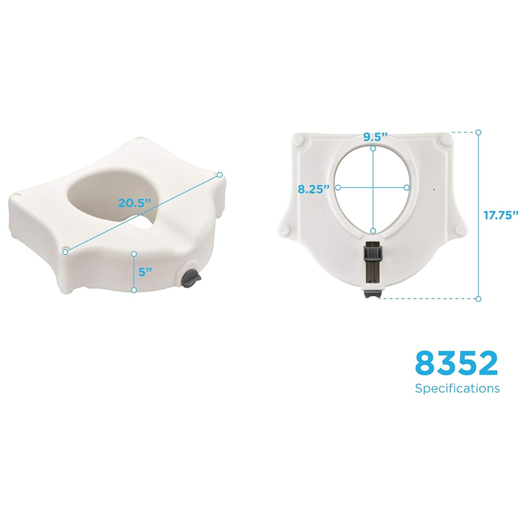 Nova Medical 5" Raised Toilet Seat with Easy Locking, universal fit for elongated toilets, shown from two angles with blue dimension lines: outer diameter 20.5" x 17.75", inner opening 9.5" x 8.25", height 5". Model #8352, front lock design.
