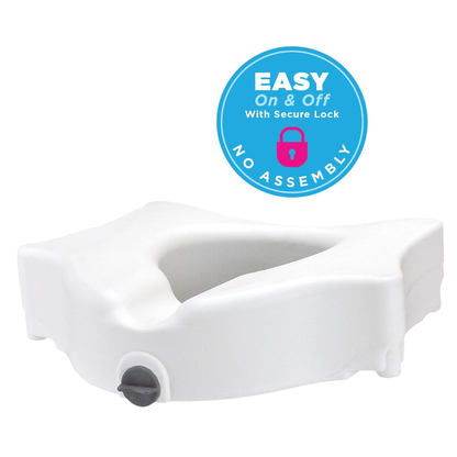 The Nova Medical 5" Raised Toilet Seat with Easy Locking offers simple on and off with a secure front lock knob—no assembly needed. A blue label reads, “EASY On & Off With Secure Lock – NO ASSEMBLY.” Fits most elongated toilets.