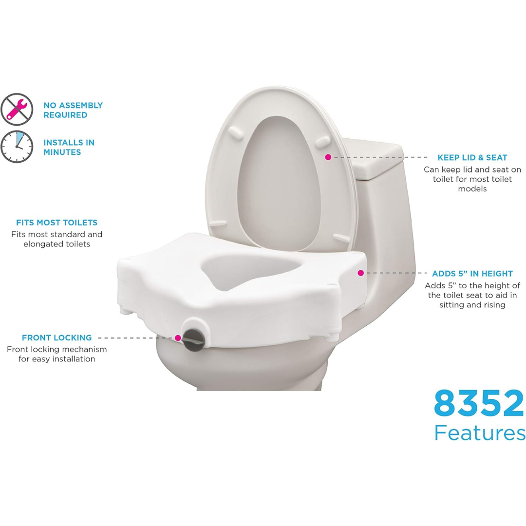The Nova Medical 5" Raised Toilet Seat with Easy Locking offers a universal fit for standard and elongated toilets. Features include no assembly, a front lock, fits under the lid, adds 5-inch height, and easy installation.