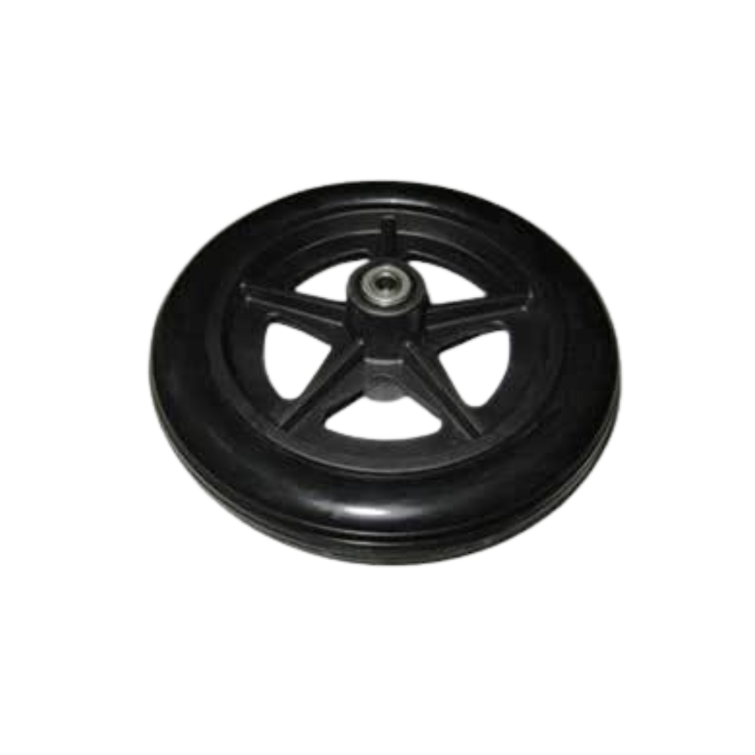 A black plastic wheel with five spokes and a central metal bearing, shown on a white background. Perfect as Nova Wheel Replacements For Transport Chairs or as replacement transport chair wheels.