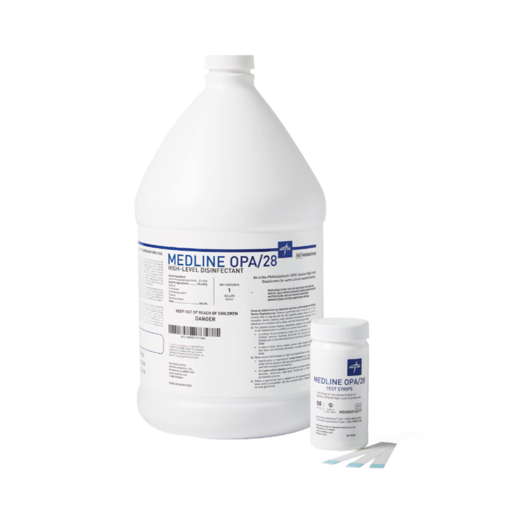 A large white gallon bottle labeled "Medline OPA Disinfectant - Powerful, High-Level Disinfectant" stands next to a small white container and a few test strips on a white background.